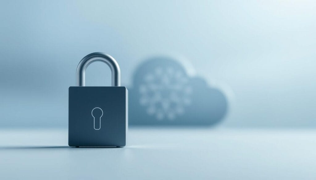 A secure and private cloud solution, with a sleek and minimalist design. In the foreground, a stylized lock icon represents the security aspect, with clean lines and a subtle gradient. In the middle ground, a cloud-like shape with a subtle pattern suggests the cloud infrastructure, conveying a sense of privacy and confidentiality. The background features a soft, blurred gradient in shades of blue and gray, creating a calming and professional atmosphere. The overall composition is balanced, with a focus on simplicity and elegance, reflecting the enterprise-level cloud solution.