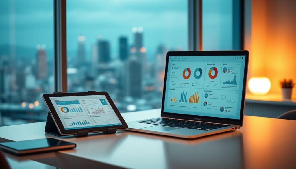 A serene and minimalist digital workspace, bathed in warm, soft lighting. On a clean, uncluttered desk, a laptop and a tablet display a customized digital strategy, the interface filled with visually engaging infographics, charts, and intuitive navigation. In the background, a blurred cityscape suggests a bustling, connected world, while the foreground conveys a sense of focus and personalization. The overall mood is one of efficiency, innovation, and a tailored digital experience.