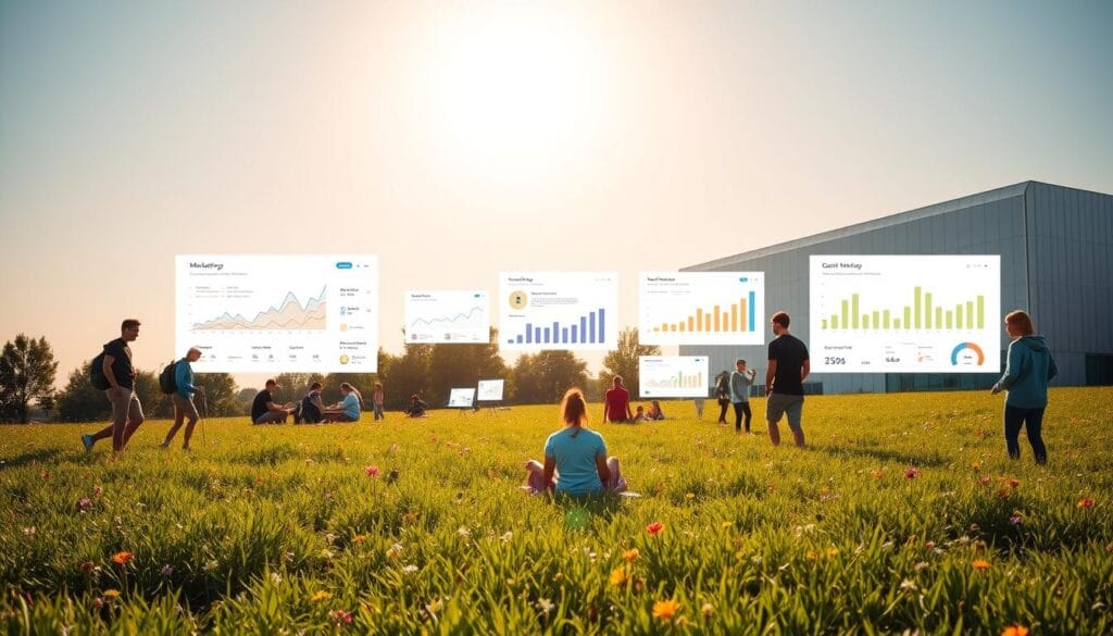 A serene outdoor scene, a lush green meadow dotted with colorful wildflowers, under a bright, warm sun. In the foreground, a group of young people engaged in various leisure activities – hiking, picnicking, playing sports. In the middle ground, an array of digital devices and screens displaying analytics, charts, and marketing strategies. In the background, a modern, minimalist office building, suggesting a connection between digital marketing and the great outdoors. The lighting is soft and natural, with a sense of balance and harmony between the digital and the analog worlds. The composition is well-balanced, leading the viewer's eye through the layers of the scene.