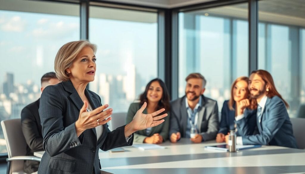 A serene, well-lit office setting with a group of business people gathered around a conference table, engaged in a lively discussion. The foreground features a middle-aged woman in a smart suit, gesturing animatedly as she shares her expertise. Around her, other professionals nod in agreement, faces alight with thoughtful consideration. The background showcases floor-to-ceiling windows, offering a view of a bustling city skyline. Soft, natural lighting filters in, creating a warm, professional atmosphere. The overall mood conveys a sense of collaboration, knowledge-sharing, and the valuable insights of industry experts.