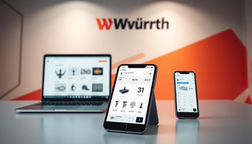 A sleek, modern digital workspace showcasing Würth's innovative e-commerce solutions. In the foreground, a clean, minimalist user interface displays product images, pricing, and customization options. In the middle ground, a trio of digital devices - a laptop, tablet, and smartphone - demonstrate the seamless omnichannel experience. The background features a subtle geometric pattern in Würth's signature colors, conveying a sense of technological sophistication. Soft, directional lighting casts a warm, professional glow, while the camera angle provides a balanced, symmetrical composition. This image captures the essence of Würth's digital expertise, empowering customers with a cutting-edge e-commerce experience.