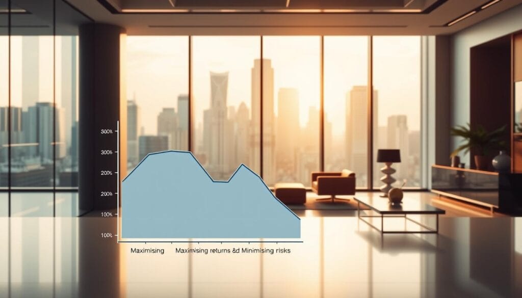 A sleek, modern office interior with minimalist design elements. In the foreground, a stylized graph or chart illustrates the concept of "maximising returns and minimising risks", with clean lines and a balanced color palette. The middle ground features a large window overlooking a bustling city skyline, bathed in warm, golden natural light. The background showcases high-end office furniture and decor, conveying a sense of professional success and financial stability. The overall mood is one of sophistication, confidence and prudent investment strategies.
