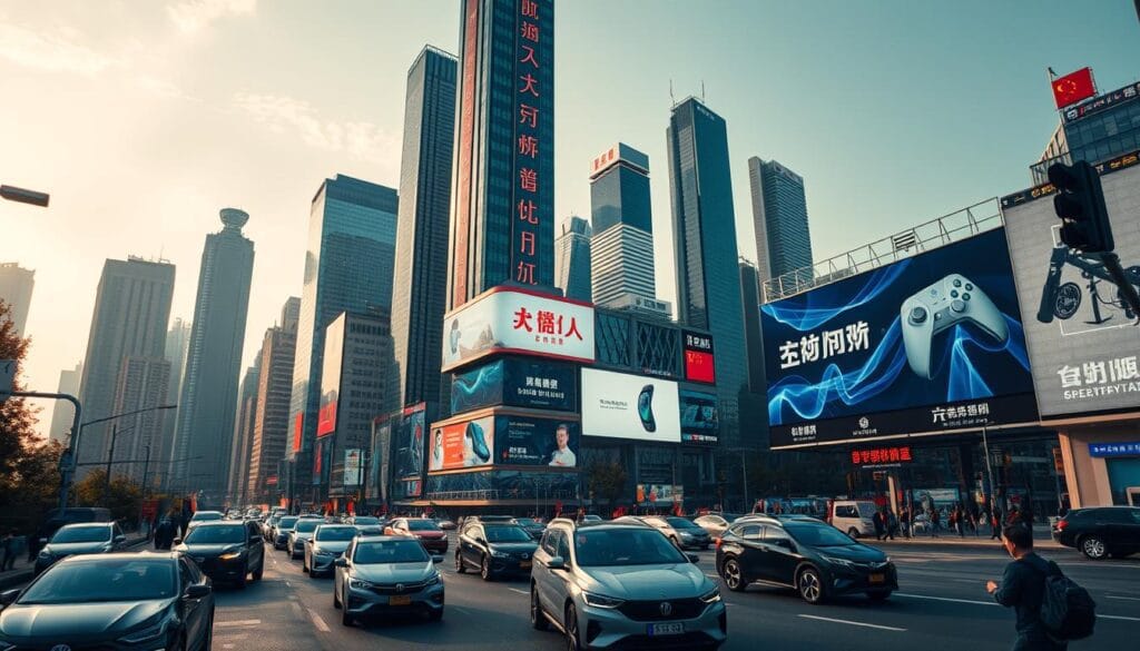 A sprawling metropolis, gleaming skyscrapers reaching towards the sky, their facades adorned with bold Chinese characters. In the foreground, a bustling street scene, sleek electric vehicles navigating the congested roads, their passengers rushing to and fro. Billboards and digital displays showcase the latest products from leading Chinese tech giants, their logos emblazoned with pride. The air hums with the energy of innovation, a testament to the growing global influence of Chinese enterprises. Soft, warm lighting casts a glow over the urban landscape, conveying a sense of progress and ambition. The scene is a dynamic representation of the "Made in PRC" ethos, a reflection of China's technological prowess and its impact on the international market.