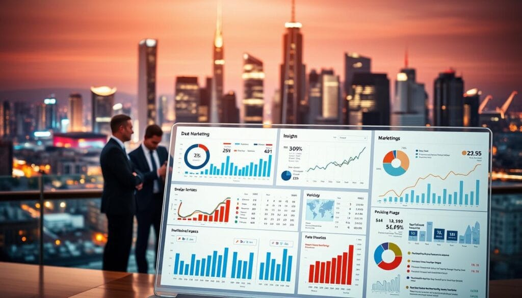 A strategic marketing data visualization with a sleek, modern aesthetic. In the foreground, a clean, minimalist dashboard displays a variety of charts, graphs, and infographics detailing key marketing metrics and insights. The middle ground features a group of businesspeople engaged in thoughtful discussion, analyzing the data and collaborating on data-driven strategies. In the background, a city skyline with towering skyscrapers and a vibrant, dynamic energy evokes the fast-paced, data-driven world of modern marketing. Warm, directional lighting casts a professional, sophisticated glow, while a shallow depth of field keeps the focus on the central data visualization and collaborative decision-making. The overall mood is one of informed, data-driven strategy. A strategic marketing data visualization with a sleek, modern aesthetic. In the foreground, a clean, minimalist dashboard displays a variety of charts, graphs, and infographics detailing key marketing metrics and insights. The middle ground features a group of businesspeople engaged in thoughtful discussion, analyzing the data and collaborating on data-driven strategies. In the background, a city skyline with towering skyscrapers and a vibrant, dynamic energy evokes the fast-paced, data-driven world of modern marketing. Warm, directional lighting casts a professional, sophisticated glow, while a shallow depth of field keeps the focus on the central data visualization and collaborative decision-making. The overall mood is one of informed, data-driven strategy.
