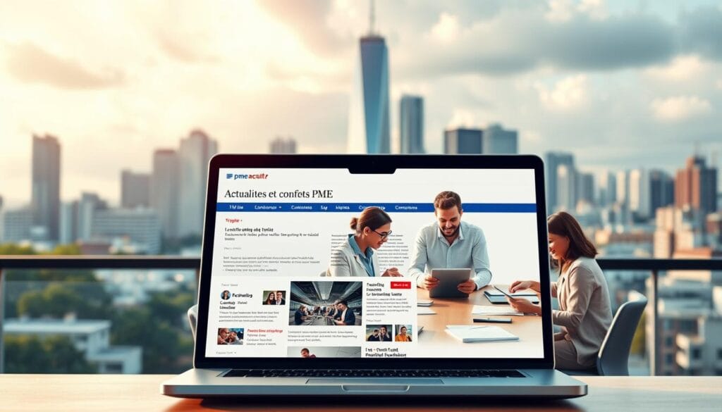 A vibrant, high-resolution digital illustration depicting "Actualités et conseils PME" for the article section "pme-actu.fr : La source incontournable pour actualités et conseils". In the foreground, a laptop screen displays a clean, modern website interface with dynamic news headlines and informative content. In the middle ground, a group of diverse small business owners discuss strategy around a conference table, with tablets and documents strewn about. In the background, a cityscape with tall buildings and a cloudy sky provides a sense of context. The lighting is bright and natural, with warm tones and subtle shadows to create depth and atmosphere. The overall scene conveys a professional, informative, and collaborative environment for small businesses.