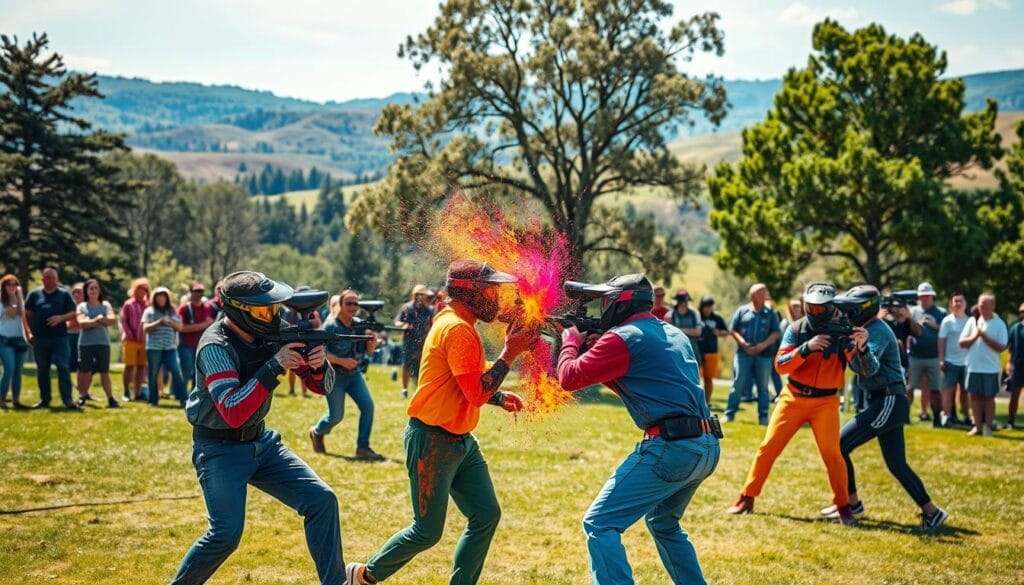 A vibrant paintball battle scene in a lush, outdoor setting. In the foreground, a group of players in colorful gear engage in an intense skirmish, paint splattering across their protective gear. The middle ground reveals a diverse group of spectators, some cheering enthusiastically, others capturing the action with cameras. The background showcases a picturesque natural landscape, with towering trees, rolling hills, and a bright, cloudless sky. Crisp, dynamic lighting illuminates the dynamic, energetic atmosphere, while a shallow depth of field draws the viewer's focus to the central paintball clash.