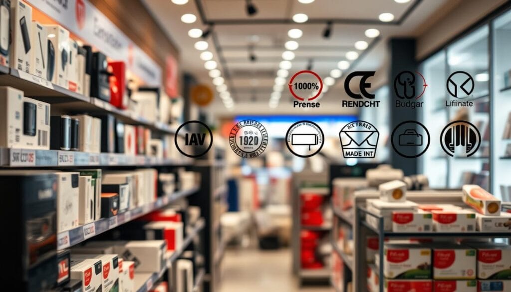 A well-lit, detailed product display in a retail setting. In the foreground, various consumer electronics and household items bearing the "Made in China" label are neatly arranged on shelves. The middle ground showcases a range of certifications, seals, and quality assurance marks adorning the product packaging, conveying a sense of reliability and compliance. The background features a subtly blurred, modern store interior with clean lines and neutral tones, emphasizing the consumer-focused atmosphere. The overall scene evokes a sense of consideration and scrutiny that French consumers and importers might apply when evaluating Chinese-made goods.