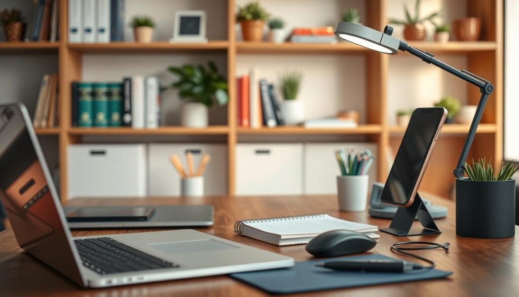 A well-lit office workspace with a variety of productivity tools and gadgets neatly arranged on a wooden desk. In the foreground, a sleek laptop, a modern desk organizer, and a high-quality pen and notebook. In the middle ground, a stylish desk lamp, a wireless mouse, and a smartphone docked in a minimalist stand. The background features shelves displaying books, plants, and other decorative accents, creating a professional yet cozy atmosphere. The overall scene conveys a sense of efficiency, organization, and a conducive environment for small business operations.