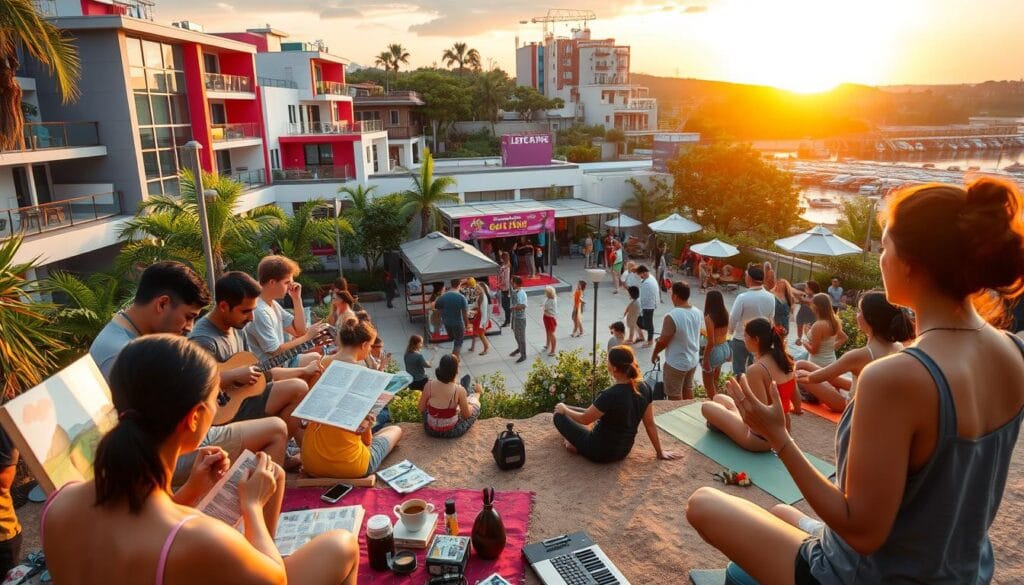 Diverse leisure activities in a vibrant, dynamic setting. In the foreground, a group of people engaged in various hobbies - painting, playing guitar, reading, and practicing yoga. In the middle ground, a lively outdoor space with a small stage, food stalls, and a crowd of people socializing and dancing. The background features a colorful, urban landscape with modern architecture, lush greenery, and a warm, golden sunset lighting the scene. The overall atmosphere is one of creativity, energy, and community, capturing the essence of an active, multifaceted leisure environment.