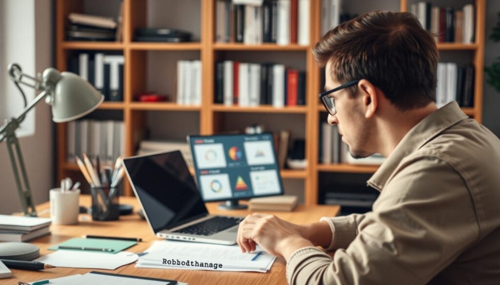 A cozy office setting, with a wooden desk, a laptop, and various office supplies. In the foreground, a person carefully considering different software options on the screen, their face illuminated by the warm glow of the display. The background features shelves filled with business-related books and documents, hinting at the importance of making an informed decision. The lighting is soft and natural, creating a calming atmosphere conducive to thoughtful decision-making. The overall scene conveys the process of carefully evaluating software solutions to manage a thriving enterprise.
