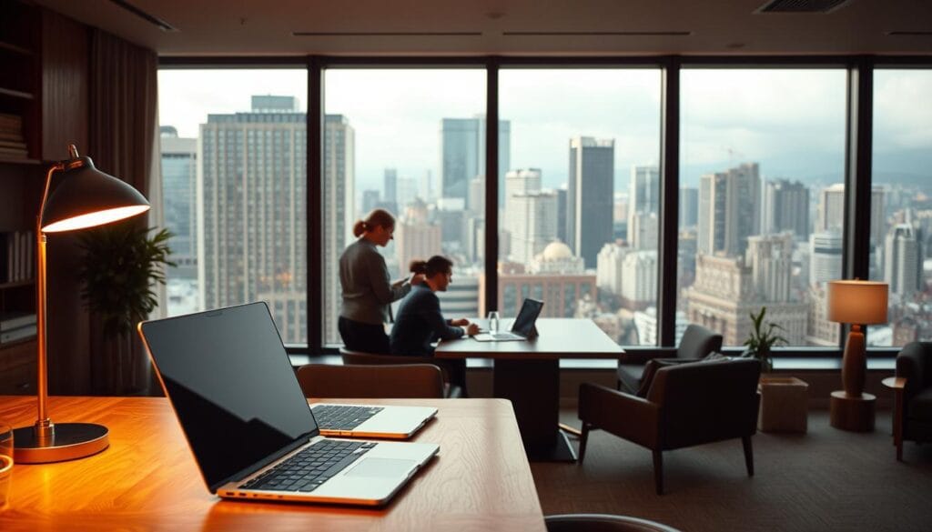 A cozy office space with a large wooden desk, a sleek laptop, and a stylish desk lamp providing warm, focused lighting. In the middle ground, a team of professionals collaborating around a conference table, their body language and facial expressions conveying a sense of engaged discussion. The background features panoramic windows overlooking a bustling city skyline, infusing the scene with an atmosphere of professionalism and growth. The overall mood is one of productivity, personalized service, and a dynamic enterprise environment.