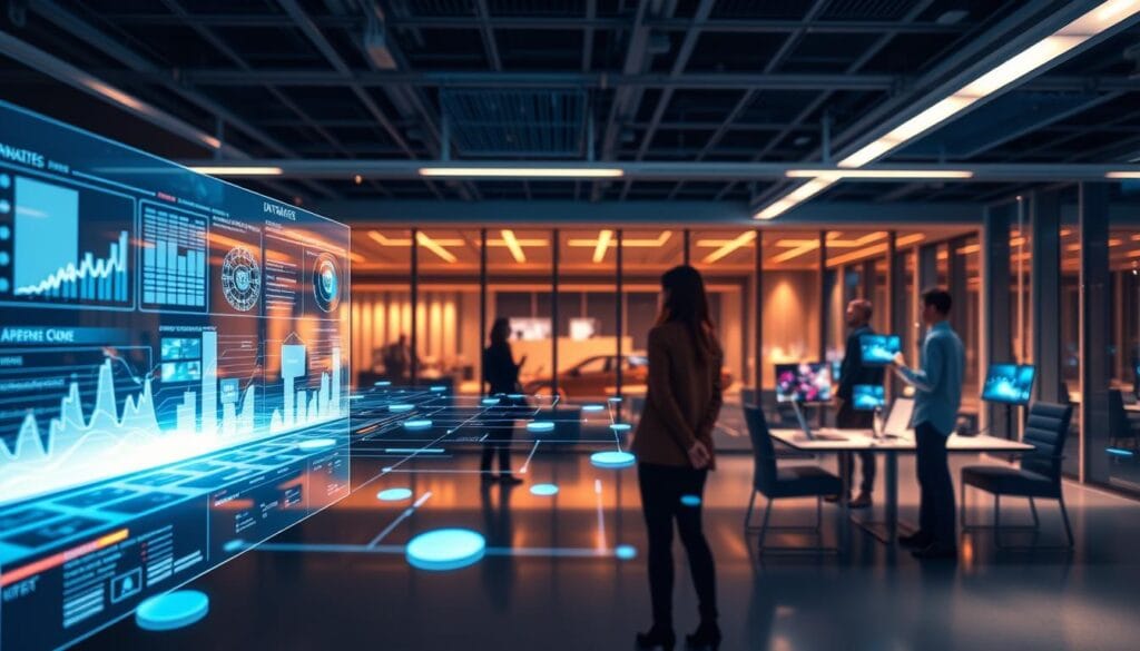 A futuristic scene of advanced business management technologies. In the foreground, a sleek holographic dashboard displays real-time data analytics and AI-driven insights. The middle ground features state-of-the-art collaboration tools, with team members interacting through virtual interfaces. In the background, a panoramic view of a modern, technologically-advanced office space with floor-to-ceiling windows, bathed in warm, natural lighting. The atmosphere conveys a sense of innovation, efficiency, and seamless integration of cutting-edge solutions empowering business growth and transformation.