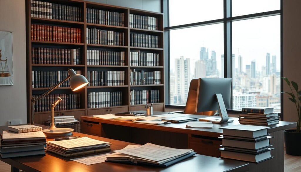 A modern office interior with a large desk, a comfortable chair, and an assortment of legal documents, financial records, and office supplies. In the foreground, a desktop computer and a stylish lamp cast a warm, focused light across the scene. In the middle ground, a bookshelf filled with law books and accounting journals, hinting at the expertise and knowledge within. The background features a large window overlooking a bustling city skyline, evoking a sense of professionalism and urban sophistication. The overall atmosphere is one of productivity, organization, and intellectual rigor, perfectly capturing the essence of "Conseils pratiques en fiscalité, droit et gestion".