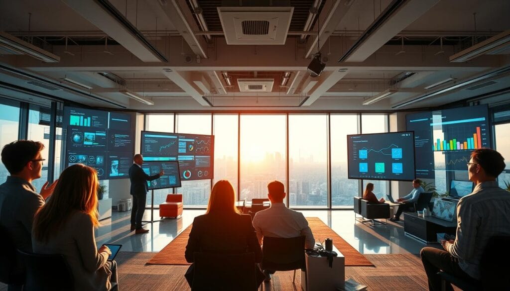 A panoramic office scene showcasing a range of business solutions. In the foreground, a group of professionals engaged in a collaborative meeting, discussing enterprise software and digital transformation strategies. In the middle ground, various software interfaces and data visualizations projected on large screens, highlighting key performance metrics and insights. The background features an expansive open-plan workspace filled with modern furnishings, abundant natural light, and a panoramic cityscape view through floor-to-ceiling windows. The overall mood is one of professionalism, productivity, and innovation, capturing the essence of enterprise-level testimonials and case studies.