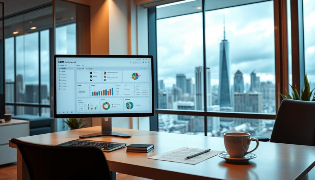 A professional, modern office setting featuring a computer monitor displaying a customer relationship management (CRM) dashboard. The desk has a clean, minimalist design with a laptop, paperwork, and a cup of coffee. The lighting is warm and natural, creating a productive and focused atmosphere. In the background, a large window overlooking a cityscape with skyscrapers and a cloudy sky. The overall scene conveys the idea of optimizing customer relationships and business processes through the use of CRM technology.