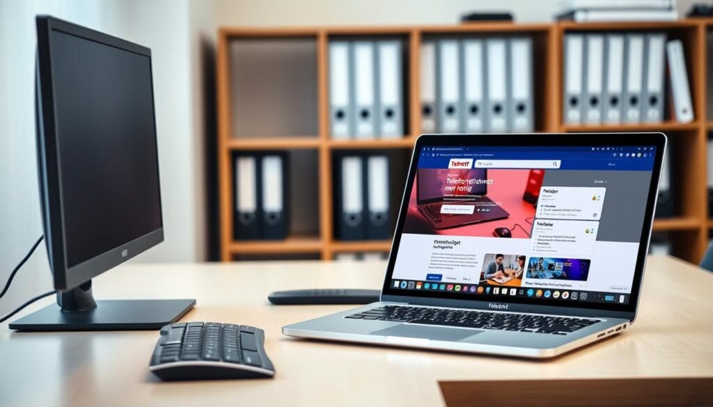 A well-organized office desk with a modern computer setup, featuring a sleek desktop computer, a high-resolution monitor, and a stylish wireless keyboard and mouse. The desk is neatly arranged, with an open laptop displaying a webmail interface, showcasing the Telenet.be email platform. Soft, diffused lighting illuminates the scene, creating a professional and productive atmosphere. In the background, a bookshelf with neatly arranged folders and documents suggests an organized workspace. The overall composition conveys a sense of efficiency and attention to detail, reflecting the "Créer et gérer vos boîtes e-mail Telenet" section of the article.