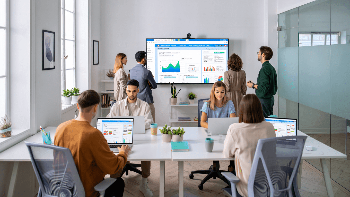 Équipe de professionnels dans un bureau moderne discutant autour d'un écran affichant des graphiques et données analytiques pour la création de sites internet B2B.