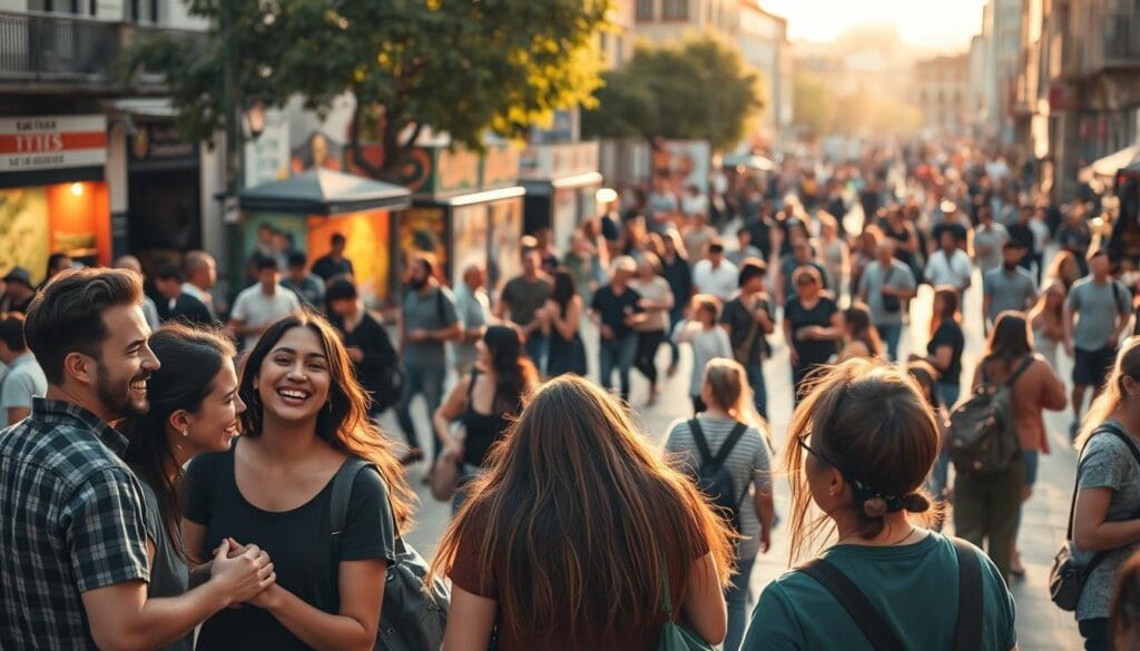 A bustling public square with a diverse array of people, each engaged in their own activities. In the foreground, a group of friends laughing and chatting animatedly, their body language conveying a sense of camaraderie. In the middle ground, a street performer captivates the attention of passersby, their movements fluid and expressive. In the background, a vibrant mix of pedestrians, vendors, and street art create a lively, ever-changing urban tapestry. The scene is bathed in warm, golden light, casting a inviting glow over the diverse gathering. The overall mood is one of energy, diversity, and a sense of community, reflecting the idea of relying on one's own network for growth and development.
