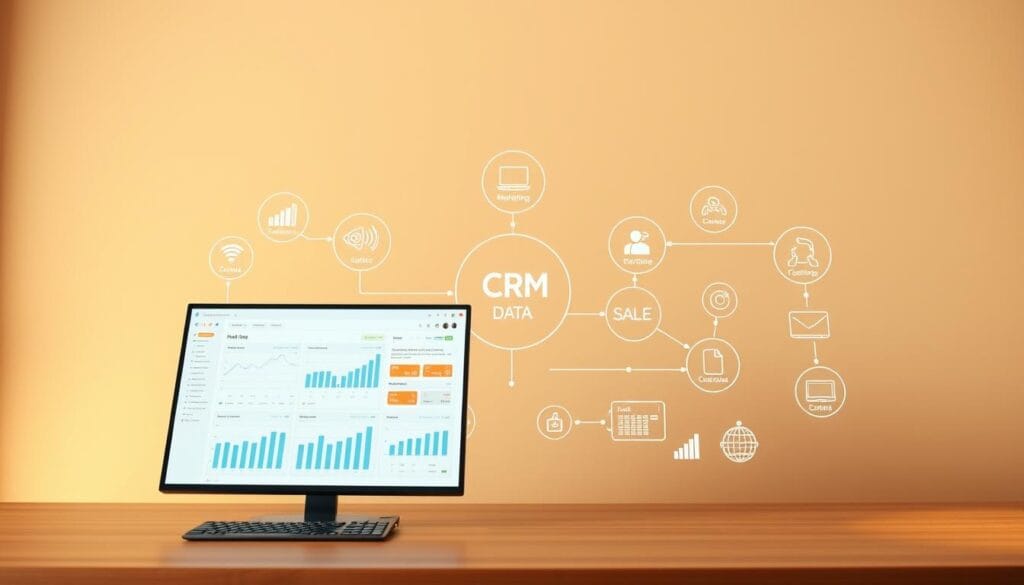 A centralized CRM data system, its various components seamlessly integrated. In the foreground, a sleek dashboard displays real-time sales and customer insights, the interface clean and intuitive. In the middle ground, data flows between interconnected modules - marketing, customer service, and sales - forming a cohesive whole. The background is a subtle gradient, conveying a sense of unity and focus. Warm lighting casts a soft glow, creating an atmosphere of productivity and efficiency. The overall scene exudes a professional, high-tech aesthetic, showcasing the power of a unified, data-driven approach to customer relationship management.