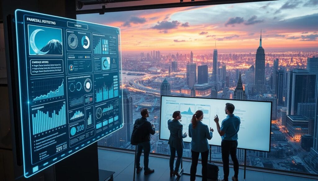 A dynamic, high-tech scene depicting recent marketing innovations. In the foreground, a holographic display projects cutting-edge data visualizations and interactive product demos. The middle ground features a team of forward-thinking marketers collaborating on a digital whiteboard, brainstorming the latest strategies. In the background, a panoramic view of a futuristic cityscape, complete with towering skyscrapers, autonomous vehicles, and a vibrant, neon-lit skyline. Dramatic lighting casts dramatic shadows, creating an air of excitement and possibility. The overall mood is one of innovation, creativity, and the boundless potential of modern marketing.