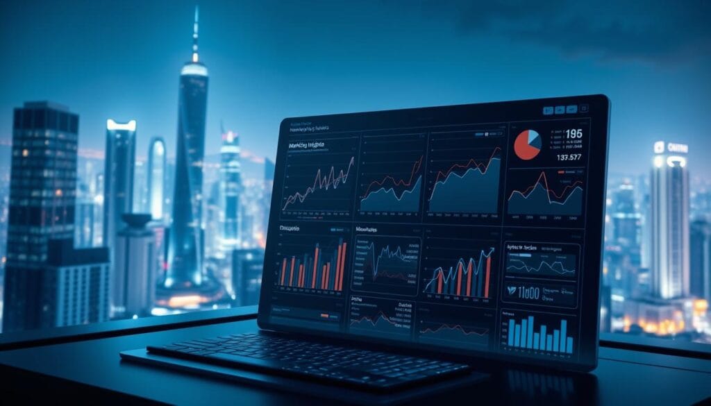 A high-tech data analysis dashboard with a sleek, minimalist design. In the foreground, various charts, graphs, and visualizations dynamically display marketing insights and trends. The background features a futuristic cityscape, with gleaming skyscrapers and a vibrant, neon-lit skyline. The lighting is cool and subdued, creating an atmosphere of focused, data-driven decision-making. The camera angle is slightly elevated, giving the viewer a sense of control and oversight over the analytical tools. The overall mood is one of precision, efficiency, and a data-driven approach to marketing strategy.