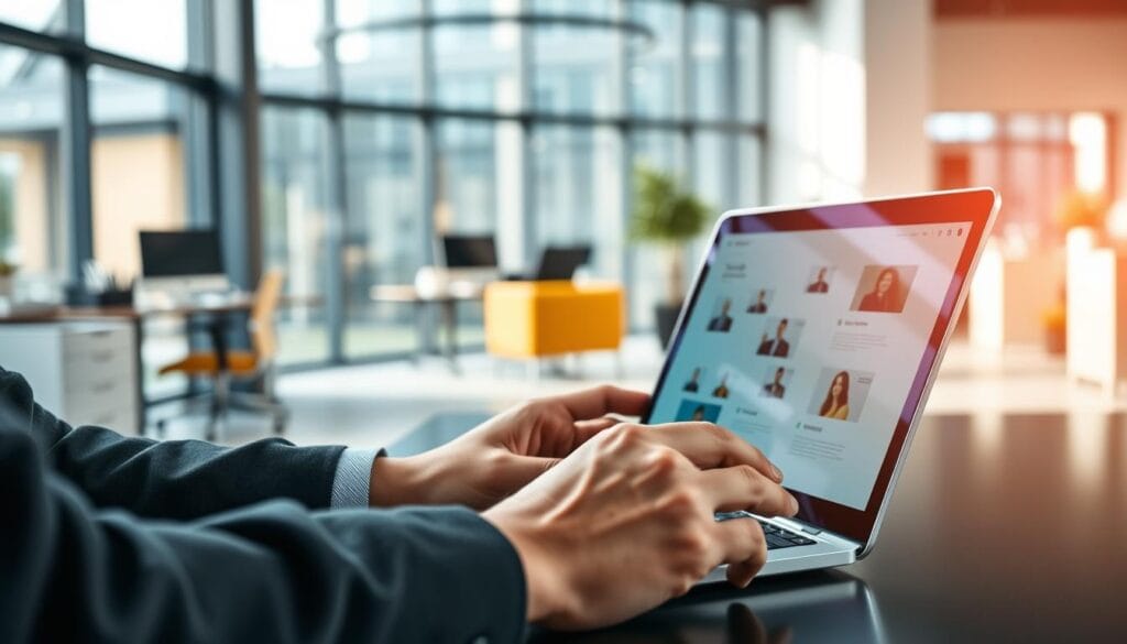 A modern office setting with a professional business person using a laptop, tablet, or smartphone to interact with clients. The foreground shows the person's hands and the digital device, with a blurred background of other office equipment, furniture, and a large window providing natural lighting. The scene conveys a sense of efficiency, technology, and a customer-centric approach to digital marketing and client relations. The overall mood is one of productivity, connectivity, and a forward-thinking mindset. A modern office setting with a professional business person using a laptop, tablet, or smartphone to interact with clients. The foreground shows the person's hands and the digital device, with a blurred background of other office equipment, furniture, and a large window providing natural lighting. The scene conveys a sense of efficiency, technology, and a customer-centric approach to digital marketing and client relations. The overall mood is one of productivity, connectivity, and a forward-thinking mindset.