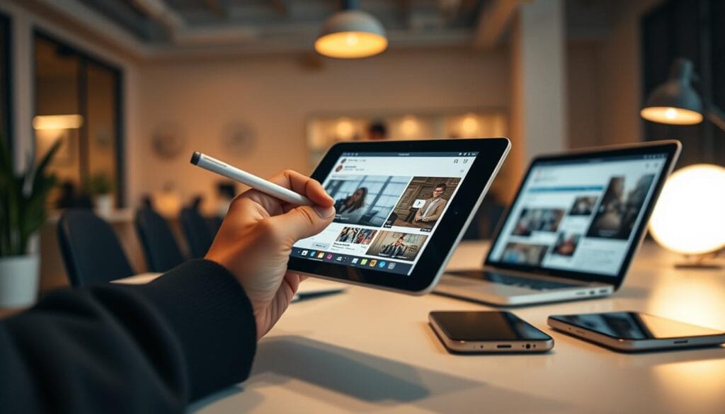 A personalized marketing content scene with a vibrant and dynamic atmosphere. In the foreground, a designer's hand carefully crafts a visually appealing and engaging social media post, using a digital tablet and stylus. The middle ground features an array of devices, such as a laptop, smartphone, and tablet, showcasing the various platforms where the content will be distributed. The background depicts a modern, minimalist office setting with clean lines, warm lighting, and a sense of productivity. The overall mood is one of focus, creativity, and a strong connection between the marketing team and their target audience.
