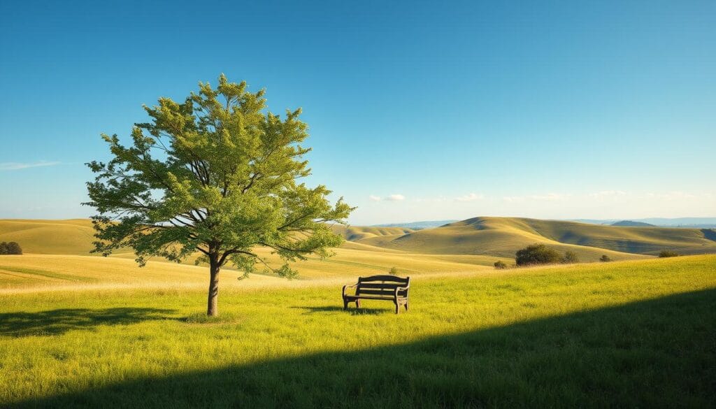A pristine, sustainable outdoor scene with a lone tree in the foreground, casting a gentle shadow on the lush, verdant grass below. In the middle ground, a small, rustic wooden bench rests peacefully, inviting passersby to pause and appreciate the tranquil atmosphere. The background features a harmonious blend of rolling hills and a cloudless, azure sky, bathed in warm, natural lighting that emanates a sense of purity and authenticity. The overall composition conveys a message of ethical, environmentally-conscious advertising, free from the visual clutter and artificiality of traditional commercial imagery.