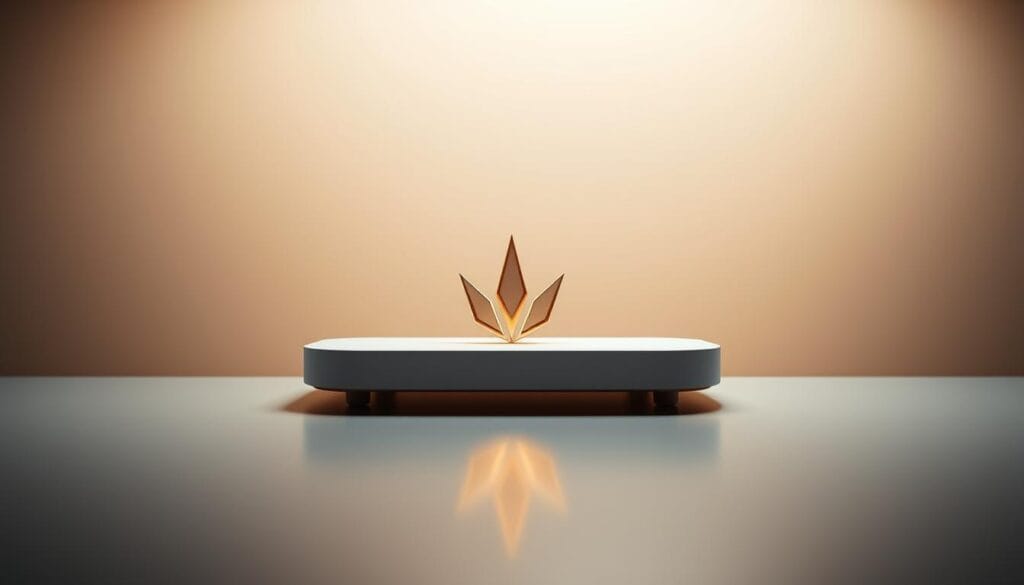 A sleek, minimalist product marque showcased in a thoughtful studio setup. Warm, directional lighting highlights the clean lines and elegant simplicity of the brand identity, capturing its timeless essence. The marque floats atop a smooth, reflective surface, creating a sense of depth and visual interest. Surrounding the marque is a muted, neutral-toned backdrop, allowing the logo to take center stage. The overall composition exudes a sense of sophistication, confidence, and brand authority, conveying the long-term strategic importance of a strong, memorable visual identity.