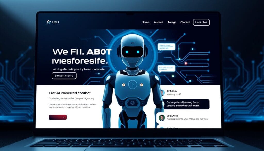 A sleek, modern website design with an AI-powered chatbot prominently featured. The foreground showcases the website interface, with clean lines, intuitive navigation, and a visually striking hero section. The middle ground highlights the AI chatbot, its conversational interface and friendly avatar designed to assist users. The background subtly depicts the technological infrastructure powering the website and AI, with abstract circuit board patterns and subtle neon accents. The overall mood is one of innovation, efficiency, and a seamless human-AI collaboration. Lighting is soft and diffused, creating a sense of professionalism and sophistication. The camera angle is frontal, placing the viewer as an active participant in the digital experience.