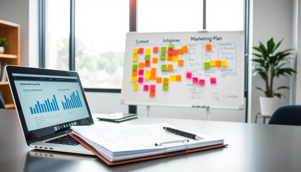 A strategic marketing plan takes shape on a sleek, modern desk. In the foreground, a laptop displays charts and graphs, while a neatly organized folder and pen rest nearby. The middle ground features a whiteboard covered in colorful sticky notes, outlining key objectives and initiatives. In the background, a large window floods the scene with natural light, creating a sense of clarity and focus. The overall atmosphere is one of thoughtful planning and professional execution, capturing the essence of an effective marketing strategy.
