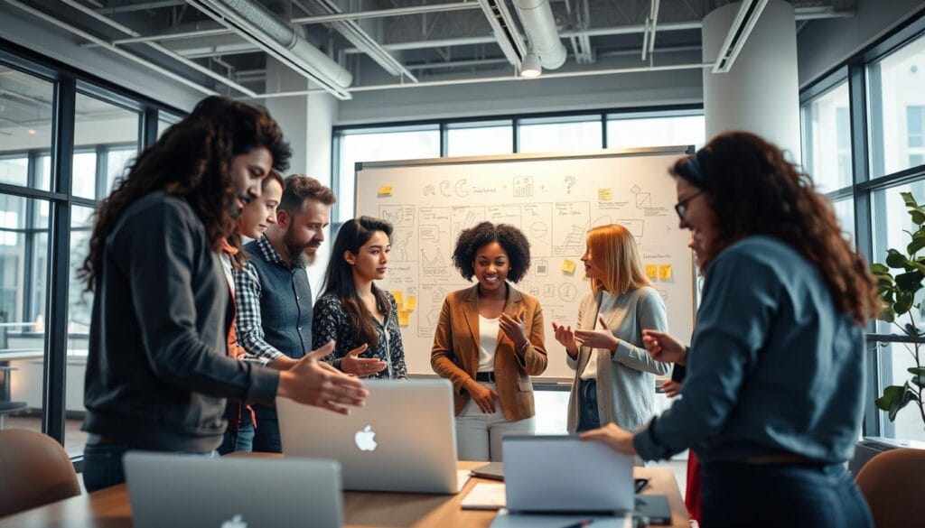 A team of professionals collaborating on a digital marketing project. In the foreground, a group of diverse individuals huddle around a laptop, gesturing and exchanging ideas. The middle ground features a large whiteboard covered in sketches, diagrams, and post-it notes, showcasing the collaborative nature of the work. The background depicts a modern, well-lit office space with floor-to-ceiling windows, creating a sense of openness and creativity. The lighting is warm and natural, casting a gentle glow on the scene. The overall atmosphere conveys a productive, innovative, and synergistic working environment.