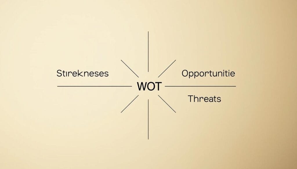 A thoughtful SWOT analysis diagram against a clean, minimalist background. The foreground features four symmetrical quadrants, each labeled with one of the SWOT elements - Strengths, Weaknesses, Opportunities, Threats - in a modern, sans-serif typeface. The middle ground showcases a central, simplified icon or symbol representing strategic planning, surrounded by subtle gridlines. The background is a softly-lit, muted gradient in calming, earthy tones. The overall composition is balanced, elegant, and focused, conveying a sense of analytical clarity and strategic insight. A thoughtful SWOT analysis diagram against a clean, minimalist background. The foreground features four symmetrical quadrants, each labeled with one of the SWOT elements - Strengths, Weaknesses, Opportunities, Threats - in a modern, sans-serif typeface. The middle ground showcases a central, simplified icon or symbol representing strategic planning, surrounded by subtle gridlines. The background is a softly-lit, muted gradient in calming, earthy tones. The overall composition is balanced, elegant, and focused, conveying a sense of analytical clarity and strategic insight.