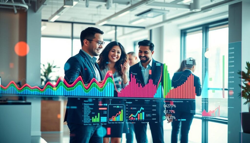 A vibrant and dynamic scene of an AI-powered marketing campaign optimization process. In the foreground, a series of colorful graphs, charts, and data visualizations dance across a sleek, minimalist display, showcasing the power of AI-driven insights. In the middle ground, a team of marketing professionals, clad in modern attire, collaborate intently, their expressions brimming with excitement as they analyze the data and strategize their next moves. The background is framed by a clean, modern office space, with large windows that bathe the scene in warm, natural light, creating a sense of openness and innovation. The overall atmosphere is one of efficiency, innovation, and the transformative potential of AI in the realm of marketing optimization.