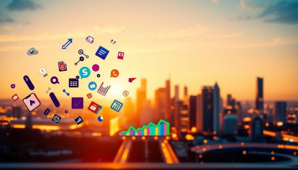 A vibrant, visually striking scene depicting effective smarketing strategies. In the foreground, sleek, modern business icons float and intertwine, representing the synergy between sales and marketing. The middle ground features a dynamic data visualization, with colorful graphs and charts illuminating key performance metrics. In the background, a minimalist cityscape bathes in a warm, golden light, conveying a sense of progress and opportunity. The overall composition exudes a professional, forward-thinking atmosphere, perfectly capturing the essence of "Stratégies d'alignement vente marketing pour booster vos résultats".