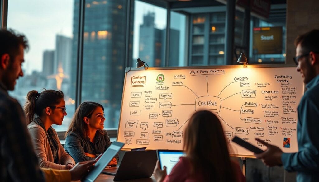 A visually striking and strategically composed image of "stratégie content marketing". In the foreground, a group of diverse individuals collaborating on a digital marketing campaign, their faces lit by the glow of laptops and tablets. In the middle ground, a large whiteboard displays a mind map of content ideas, brainstormed concepts, and key performance metrics. The background is a softly blurred cityscape, conveying a sense of a bustling, innovative environment. The lighting is warm and focused, creating a sense of dynamic energy and purposeful collaboration. The overall mood is one of strategic planning, creative ideation, and a drive towards effective content marketing. A visually striking and strategically composed image of "stratégie content marketing". In the foreground, a group of diverse individuals collaborating on a digital marketing campaign, their faces lit by the glow of laptops and tablets. In the middle ground, a large whiteboard displays a mind map of content ideas, brainstormed concepts, and key performance metrics. The background is a softly blurred cityscape, conveying a sense of a bustling, innovative environment. The lighting is warm and focused, creating a sense of dynamic energy and purposeful collaboration. The overall mood is one of strategic planning, creative ideation, and a drive towards effective content marketing.