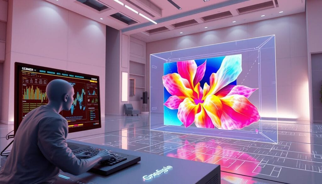 An artistic 3D render of a visually striking AI-generated image creation process. In the foreground, a futuristic computer interface with complex data visualizations and a creative human figure manipulating the controls. The middle ground features a holographic projection of a surreal, abstract image composition in vibrant, saturated colors. The background depicts a high-tech, minimalist studio environment with geometric architectural elements and subtle lighting effects. The overall scene conveys a sense of innovation, technological prowess, and the seamless integration of human creativity and AI-powered visual generation.