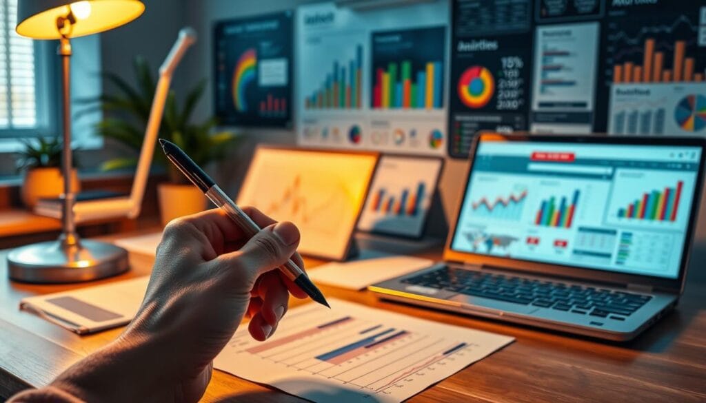 An executive's desk with a laptop, spreadsheets, and analytics dashboards, illuminated by a warm desk lamp. In the foreground, a hand holds a pen, poised to track key performance indicators (KPIs) for a marketing strategy. The background features a wall adorned with colorful charts and graphs, highlighting the importance of data-driven decision making. The scene conveys a sense of focus, diligence, and the pursuit of marketing excellence.