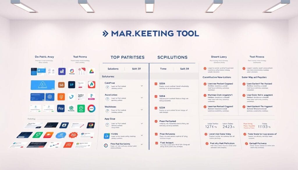 An expansive infographic showcasing a comparative analysis of top marketing tools, captured in a well-lit studio setting with a clean, minimalist aesthetic. The foreground features a grid-like layout of distinct app icons and screenshots, highlighting key features and capabilities. The middle ground presents concise, informative side-by-side comparisons of pricing, user reviews, and functionality. The background is a soft, pastel-toned gradient, drawing the viewer's focus to the central comparative solutions. The overall mood is professional, data-driven, and visually engaging, providing a clear, actionable overview of the available free marketing tools.