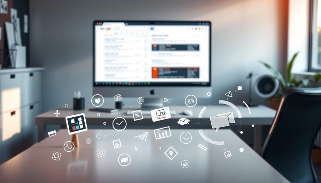 Detailed image of "référencement naturel payant" (search engine optimization and paid advertising) for a digital marketing article. A modern, sleek office setting with a minimalist desk, computer monitor displaying search engine results, and various digital marketing icons and infographic elements floating in the foreground. Warm, directional lighting illuminates the scene, creating depth and highlighting the key visuals. The overall atmosphere conveys a sense of professionalism, technology, and digital marketing expertise. Detailed image of "référencement naturel payant" (search engine optimization and paid advertising) for a digital marketing article. A modern, sleek office setting with a minimalist desk, computer monitor displaying search engine results, and various digital marketing icons and infographic elements floating in the foreground. Warm, directional lighting illuminates the scene, creating depth and highlighting the key visuals. The overall atmosphere conveys a sense of professionalism, technology, and digital marketing expertise.