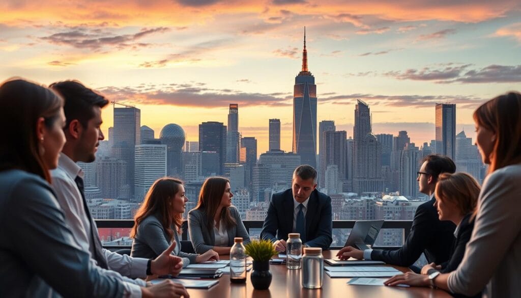A bustling city skyline at sunset, with skyscrapers and office buildings in the background. In the foreground, a group of businesspeople are gathered around a table, engaged in a lively discussion. The lighting is warm and the atmosphere is one of collaboration and strategic planning. The scene conveys the idea of a marketing strategy being formulated, with the city skyline serving as a backdrop to represent the broader business landscape. The composition is balanced and the focus is on the group, highlighting the human element of the marketing process.