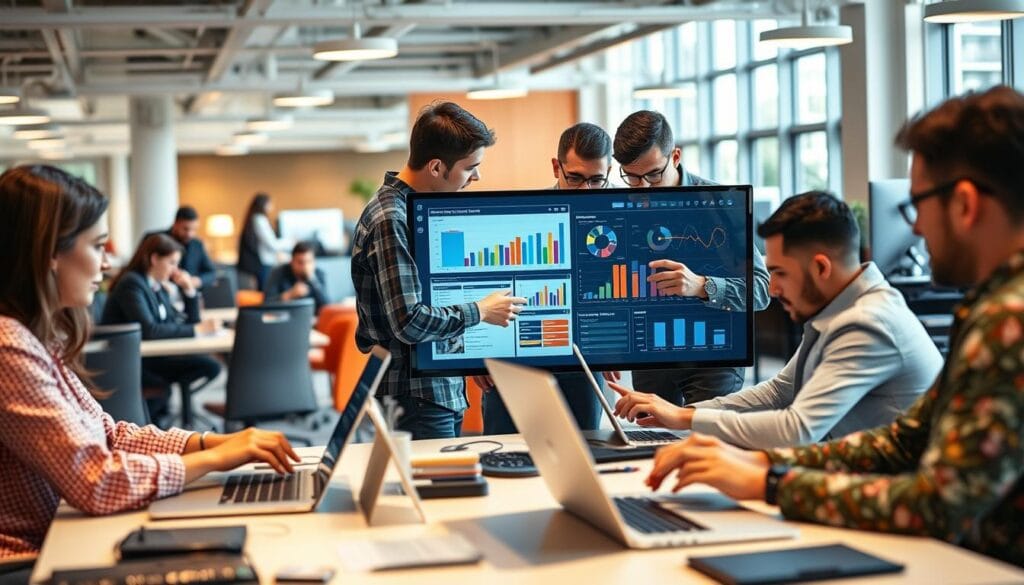 A bustling office scene, with employees actively engaged in data analysis and collaboration. In the foreground, a team huddles around a large touchscreen display, scrutinizing charts and graphs. The middle ground features individuals typing furiously on their laptops, immersed in their work. The background showcases an open-concept workspace, with modern furnishings, ample natural lighting, and a vibrant, colorful palette that evokes a culture of innovation and creativity. The overall atmosphere conveys a sense of purpose, energy, and a shared commitment to leveraging data to drive business success. A bustling office scene, with employees actively engaged in data analysis and collaboration. In the foreground, a team huddles around a large touchscreen display, scrutinizing charts and graphs. The middle ground features individuals typing furiously on their laptops, immersed in their work. The background showcases an open-concept workspace, with modern furnishings, ample natural lighting, and a vibrant, colorful palette that evokes a culture of innovation and creativity. The overall atmosphere conveys a sense of purpose, energy, and a shared commitment to leveraging data to drive business success.
