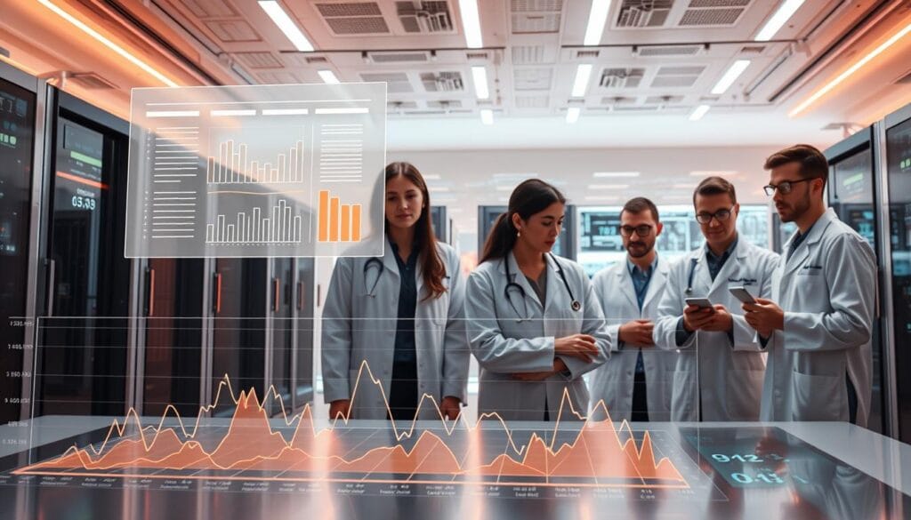 A crisp, futuristic digital illustration showcasing advanced UX testing techniques. In the foreground, a sleek, minimalist user interface hovers above a detailed graph charting user behavior metrics. The middle ground features a team of researchers in lab coats intently observing a participant interacting with the interface, their expressions reflecting deep analysis. The background depicts a backdrop of cutting-edge technology - servers, data visualizations, and a clean, chrome-accented aesthetic. Warm, diffused lighting creates an atmosphere of focused innovation, while a high-resolution, cinematic camera angle captures the scene with a sense of depth and professionalism.