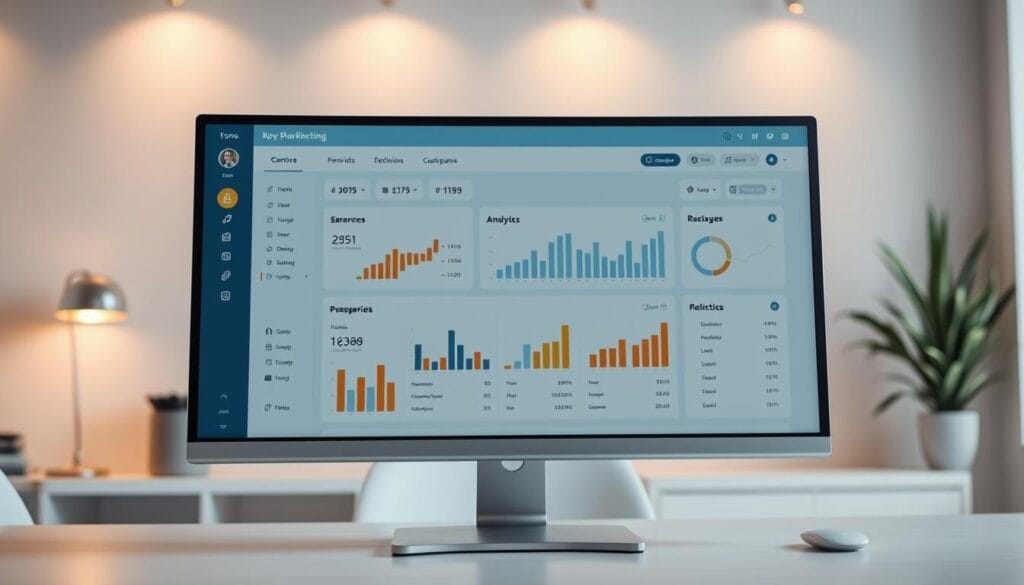 A digital marketing dashboard displayed on a sleek, modern computer monitor, showcasing a centralized view of key performance indicators and analytics. The dashboard features a clean, minimalist design with intuitive data visualizations such as charts, graphs, and metrics. Warm, neutral lighting casts a subtle glow, creating a professional and focused atmosphere. The display occupies the foreground, surrounded by a stylish, minimalist office environment in the background, suggesting a workspace dedicated to data-driven marketing decisions. A digital marketing dashboard displayed on a sleek, modern computer monitor, showcasing a centralized view of key performance indicators and analytics. The dashboard features a clean, minimalist design with intuitive data visualizations such as charts, graphs, and metrics. Warm, neutral lighting casts a subtle glow, creating a professional and focused atmosphere. The display occupies the foreground, surrounded by a stylish, minimalist office environment in the background, suggesting a workspace dedicated to data-driven marketing decisions.