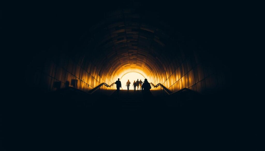 A dimly lit tunnel, its walls lined with curved surfaces and geometric patterns, reflecting the passage of travelers. In the foreground, a series of distinct steps, each leading deeper into the tunnel's embrace. The middle ground features figures navigating the path, their silhouettes casting shadows that intertwine with the architectural elements. Warm, directional lighting emanates from the far end, casting a inviting glow and a sense of mystery. The overall atmosphere is one of contemplation and the anticipation of discovery, as the tunnel beckons the viewer to explore its transformative journey.