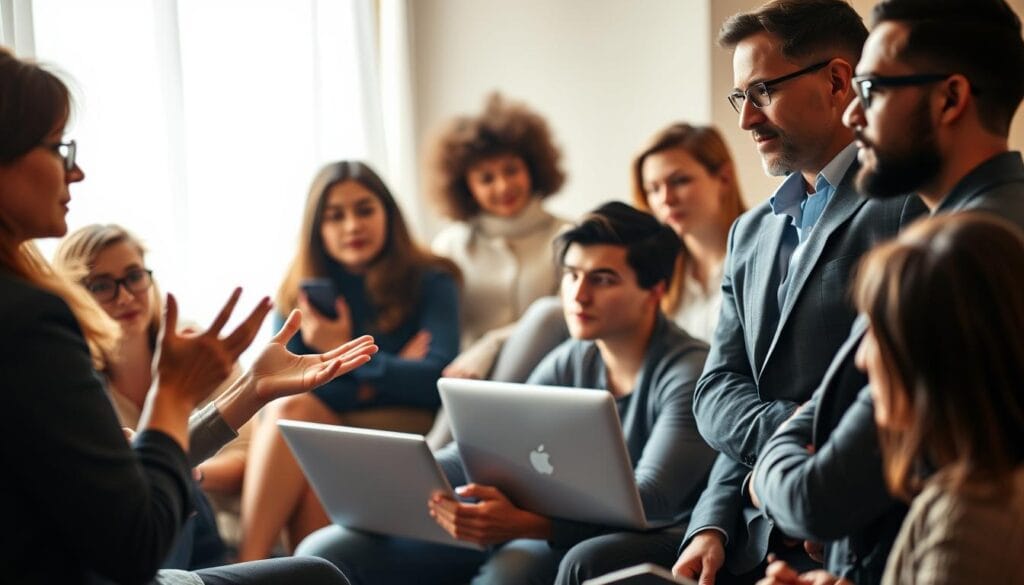 A diverse group of personas, each with a distinct personality and demeanor, gathered in a warm, cozy setting. In the foreground, a stylishly dressed woman gestures animatedly, captivating the attention of her colleagues. In the middle ground, a pensive young man sits with a laptop, deep in thought, while a confident executive leans back, offering a compelling perspective. The background is softly lit, creating a sense of intimacy and focus, drawing the viewer's gaze to the engaging interactions unfolding before them. The overall scene conveys the power of understanding one's audience to craft a compelling, impactful storytelling experience.
