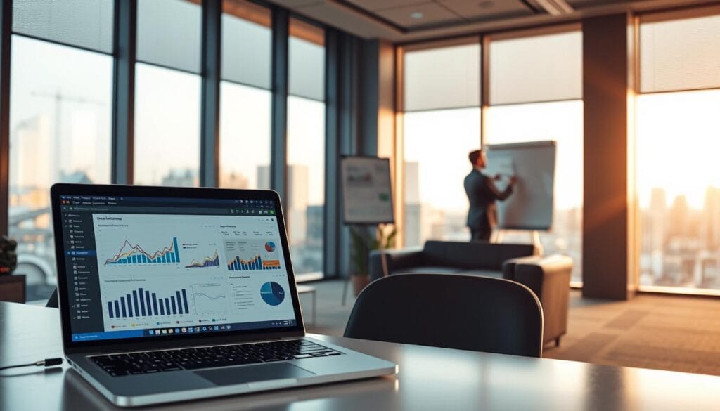 A high-resolution image of a professional, modern office setting with clean lines and sleek furniture. In the foreground, a laptop displaying a dashboard with charts and graphs, symbolizing data analytics and optimization strategies. In the middle ground, a businessperson in a suit standing at a whiteboard, sketching diagrams and notes, representing the strategic planning process. The background features large windows overlooking a cityscape, bathed in warm, natural lighting to convey a sense of productivity and growth. The overall mood is one of focused, strategic thinking and data-driven decision-making, suitable for a B2B optimization context.