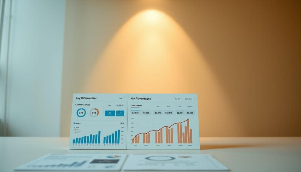 A meticulously crafted competitive analysis highlighting the key differentiating advantages. In the foreground, a dynamic data visualization dashboard showcases insightful competitor comparisons. The middle ground features a clean, minimalist layout with crisp iconography and infographic elements. In the background, a subtle gradient pattern creates a sense of depth and sophistication. Warm, directional lighting accentuates the sleek, modern aesthetic, conveying a professional, strategic atmosphere. The overall composition strikes a balance between analytical rigor and visual appeal, providing a comprehensive yet visually engaging representation of competitive positioning.