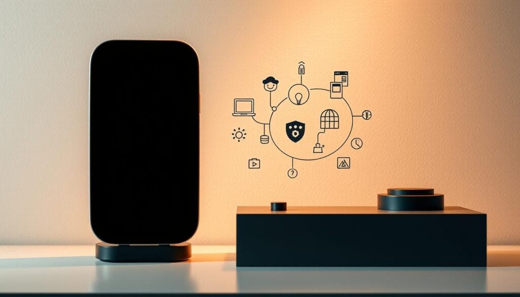 A modern, elegant composition showcasing a harmonious blend of product and service strategies. In the foreground, a sleek, minimalist product display, highlighting its thoughtful design and quality craftsmanship. In the middle ground, abstract service icons and symbols gracefully intertwine, symbolizing the synergistic relationship between products and services. The background features a subtle, textured gradient, evoking a sense of sophistication and professionalism. Warm, directional lighting casts gentle shadows, creating depth and dimension. The overall mood is one of balance, innovation, and strategic alignment, perfectly capturing the essence of "Intégrer des stratégies gagnantes pour produits et services".