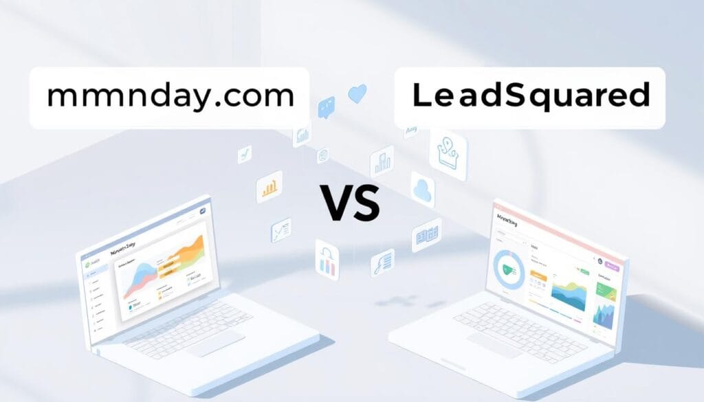 A modern, minimalist comparison of monday.com and LeadSquared, two leading marketing automation platforms. In the foreground, clean isometric illustrations of the two software interfaces, showcasing their key features. In the middle ground, floating icons and data visualizations highlighting their respective strengths and capabilities. The background features a subtle gradient, lending a professional, high-tech atmosphere. Soft, directional lighting casts shadows that add depth and dimension to the scene. The overall mood is one of sophistication, efficiency, and technological prowess, reflecting the subject matter of the article.